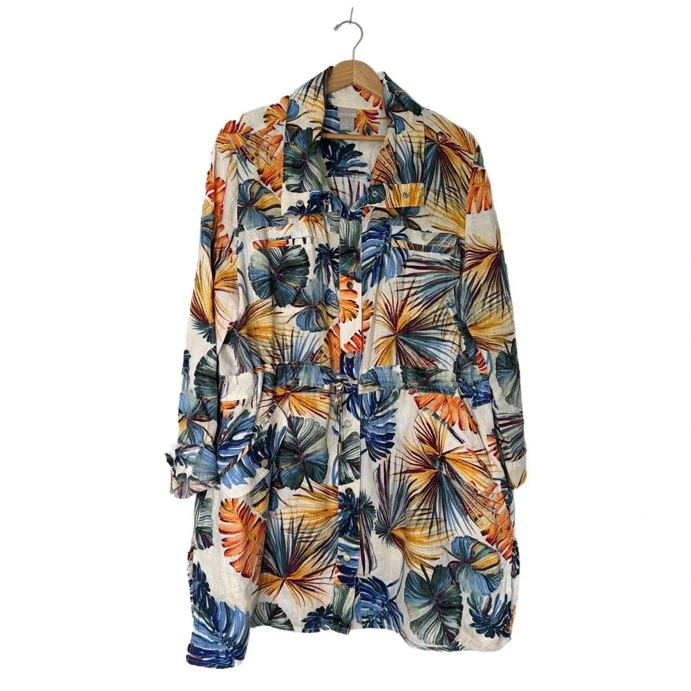 Chico's Palm-Print Tropical Linen Utility Summer Jacket Sz 3 (16/18) Resort Vaca
